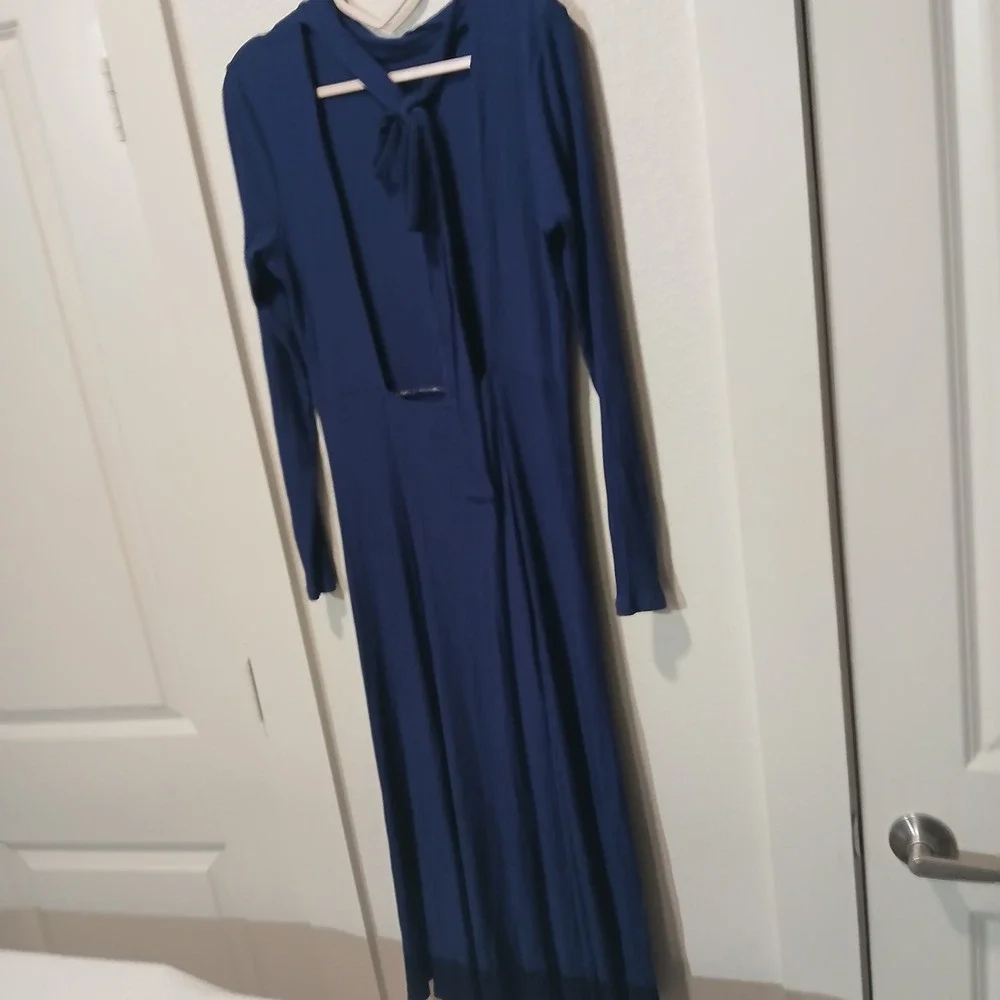ASOS Navy Blue Ribbed Open Back Tie Maxi Dress Mock Neck Long Sleeve US 6